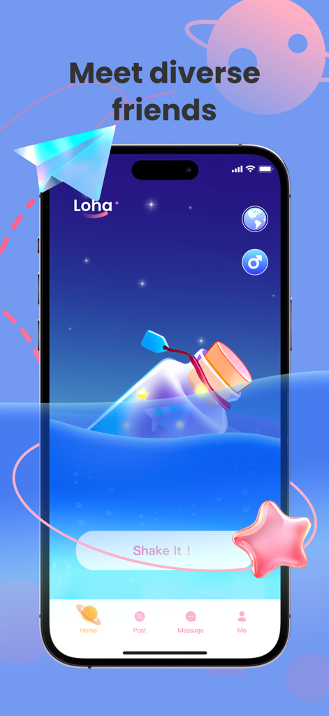 Loha Chat app interface showing the message in a bottle feature for meeting global friends