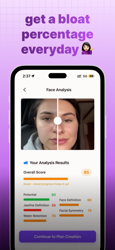 Depuff AI app interface displaying a facial analysis report with metrics for jawline definition water retention and facial symmetry