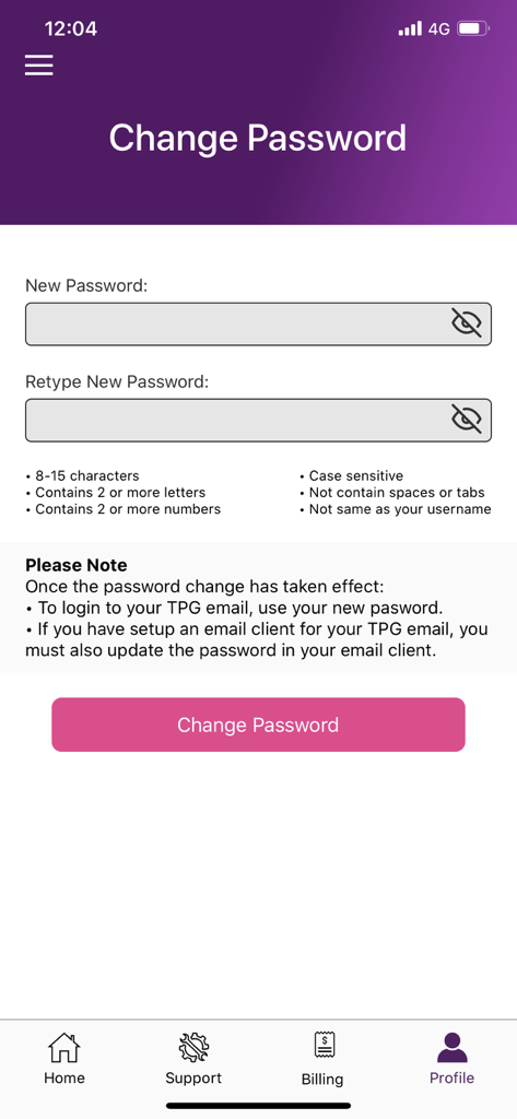 Der Bildschirm Passwort ändern der My TPG App mit Eingabefeldern und Anforderungen an die Passwortsicherheit.