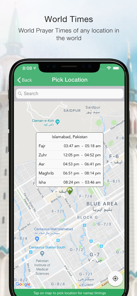 Islamic prayer times interface with global map location picker