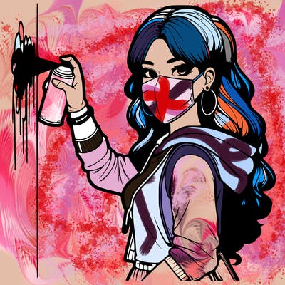 realistic girl with mask spray painting a wall