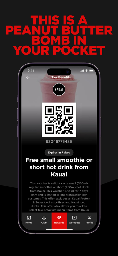 App Virgin Active SA exibindo um ecrã de recompensas com um código QR para um smoothie ou bebida quente gratuita do Kauai
