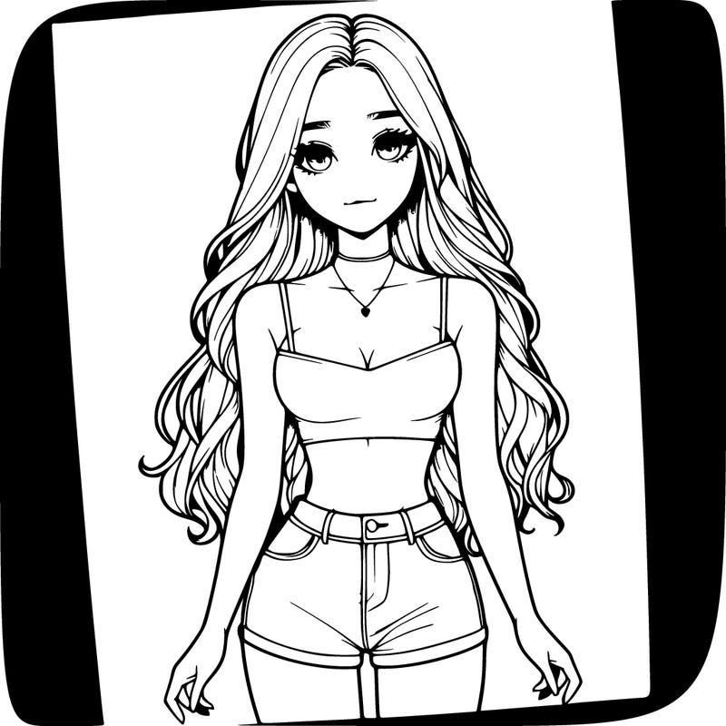 a realistic girl with long hair and in a crop top and shprts