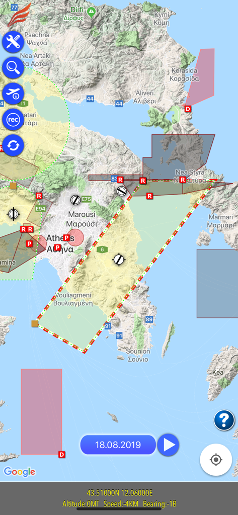 Map interface of notams.aero app displaying visual NOTAMs and restricted flight areas