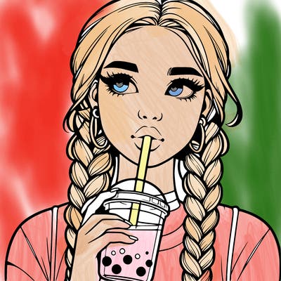 realistic girl with braided hair drinking boba