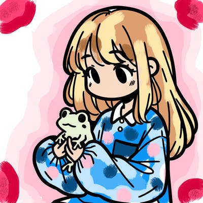 girl with long hair and a oversized shirt. and she is holding a frog