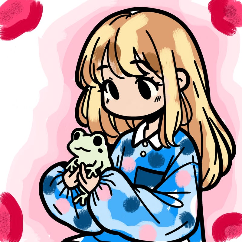 girl with long hair and a oversized shirt. and she is holding a frog