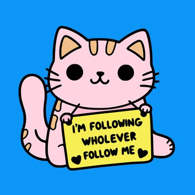 cat with a sign that says i’m following whoever follows me