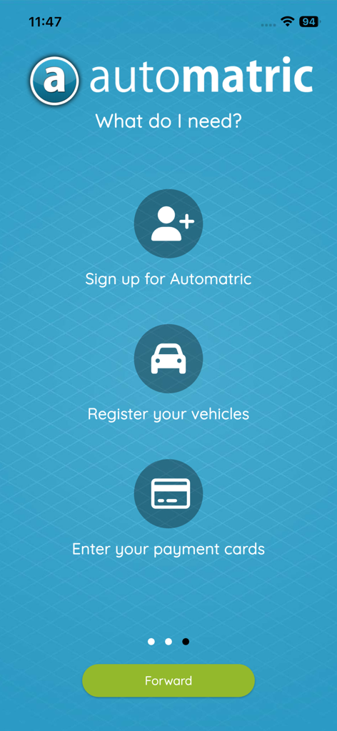 automatric - Pantalla de incorporación de la aplicación Automatric que detalla los tres pasos para empezar: registrarse, registrar vehículos e introducir tarjetas de pago.