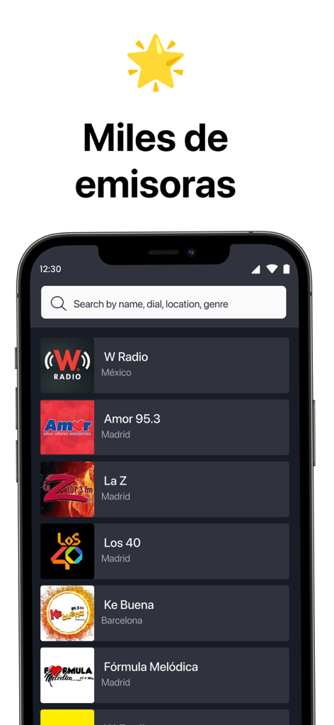 Radio México ‎ - Pantalla de la aplicación Radio Mexico mostrando una barra de búsqueda y una lista de estaciones mexicanas como W Radio y Amor 95.3