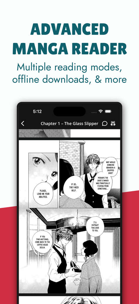 Omoi: Manga Reader - Interface do aplicativo leitor de mangá Omoi mostrando um capítulo de mangá com opções para vários modos de leitura e downloads offline.