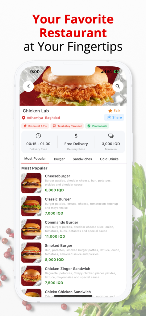 A screenshot of the Talabatey app showing a burger restaurant menu in Baghdad.