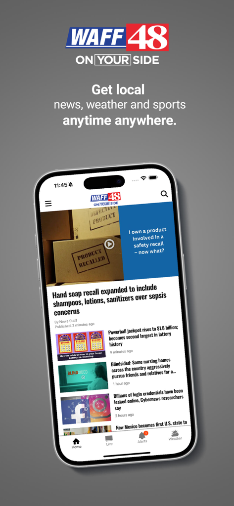 WAFF48 News - WAFF 48 News app interface on an iPhone showing local headlines and news updates