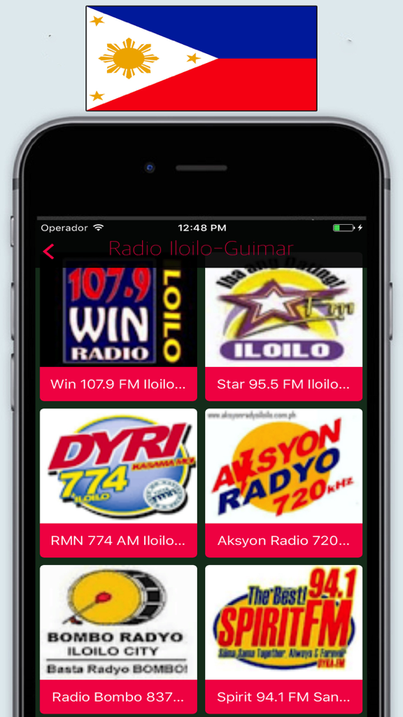 Radio Philippines FM / Live Radyo Stations Online - Mobile application interface showing a list of live Filipino radio stations from Iloilo