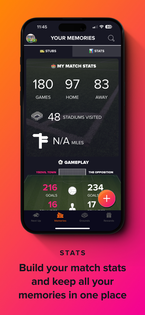 FanHub - FanHub app screen displaying personal match stats and total stadiums visited for a football fan.