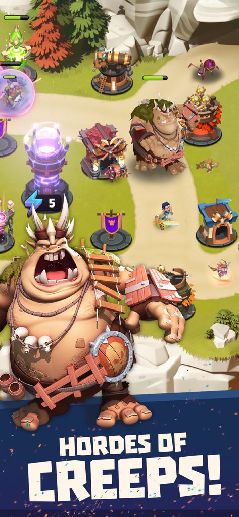 Gameplay von Castle Creeps TD zeigt große Oger-Gegner, die Türme angreifen