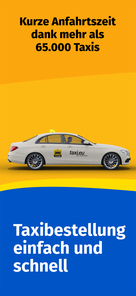 taxi.eu app promotional banner featuring a white taxi car and text highlighting fast booking and a large vehicle fleet