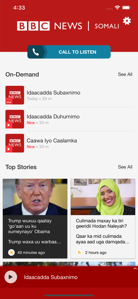 BBC News Somali app interface showing on-demand radio programs and top news stories