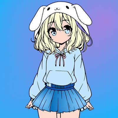 pretty anime girl wearing a fluffy hoodie with bunny ears on the hood and a skirt