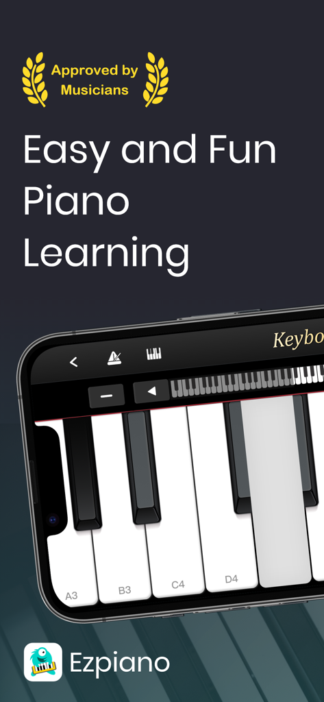 EZ Piano app on a smartphone screen showing a virtual keyboard for easy learning