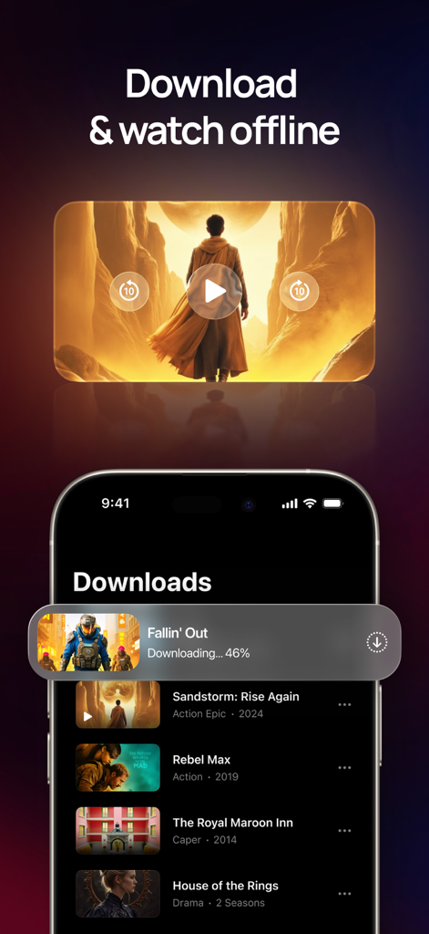 IPTV Plus - Interface of IPTV Plus app showing movie download progress and a list of saved films for offline viewing on an iPhone.