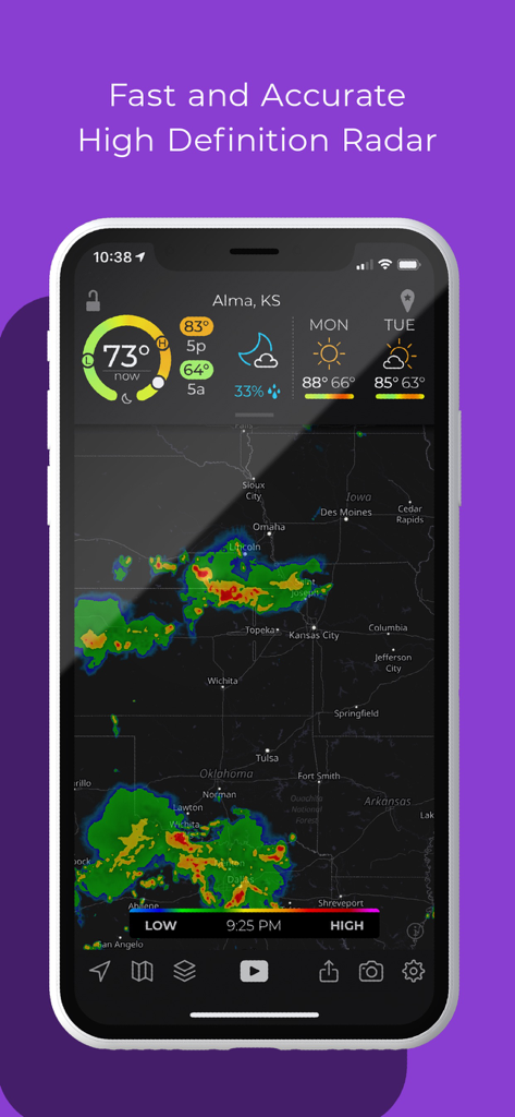 MyRadar Weather Radar Pro - MyRadar Weather Radar Pro app interface showing a high definition storm radar map and local weather forecast.