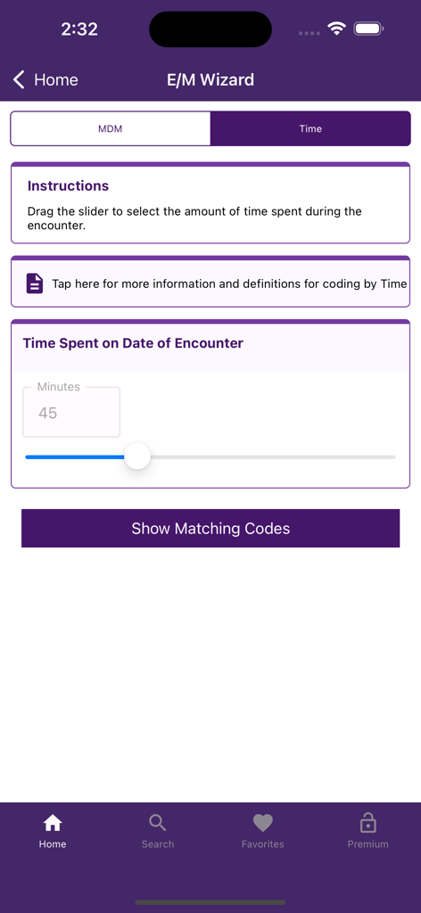 CPT QuickRef - CPT QuickRefアプリのE/Mウィザード画面。医療コーディングに費やした時間を選択するためのスライダーが表示されています。