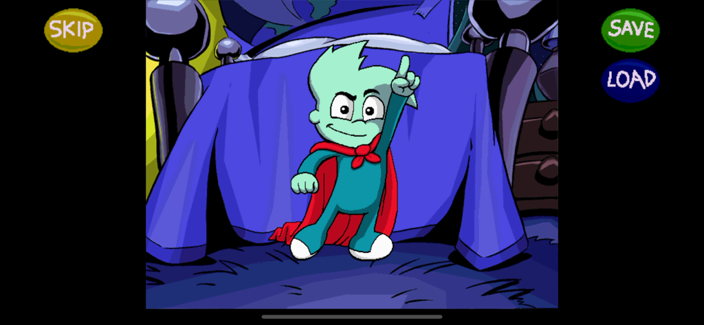 Pajama Sam posing as a superhero with his red cape in his bedroom