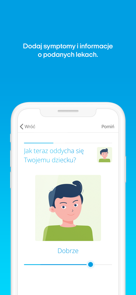 StethoMe app interface showing a child breathing assessment screen with a slider and cartoon avatar