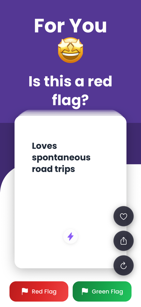 Red Flag: Couple Questions - A scenario card in the Red Flag app asking if loving spontaneous road trips is a red or green flag with voting buttons below.