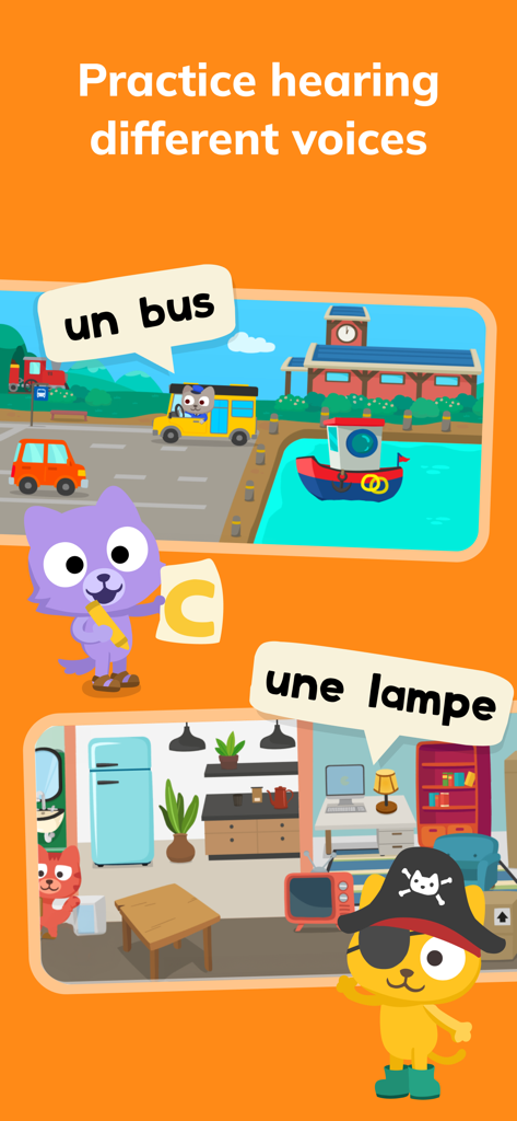 un bus や une lampe のような日常単語が登場する、カラフルな漫画のキャラクターが登場する子供向けの教育的なフランス語語彙ゲーム