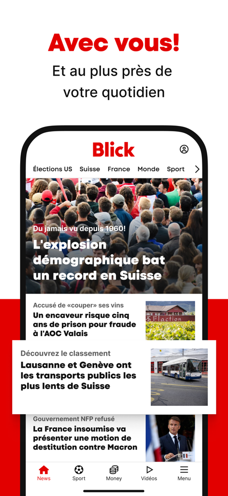 Interface of the Blick Actualite and Sport app showing a news feed with headlines in French about Switzerland and international events