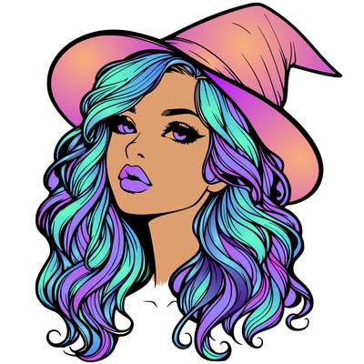 realistic witch girl with wavy hair and lips