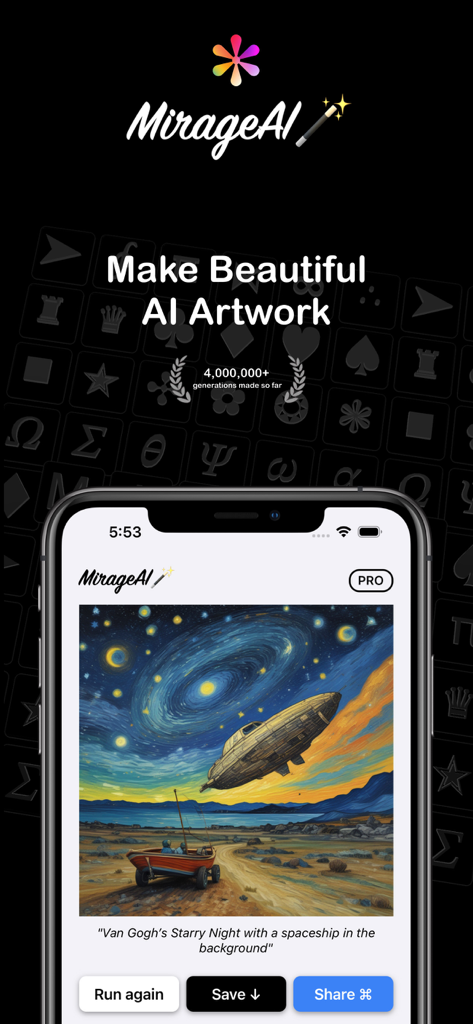 宇宙船のゴッホ風AIアート生成を表示するMirageAIアプリインターフェイスのスマートフォン