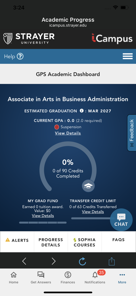Strayer - Strayer Mobile app GPS academic dashboard showing degree progress and graduation timeline