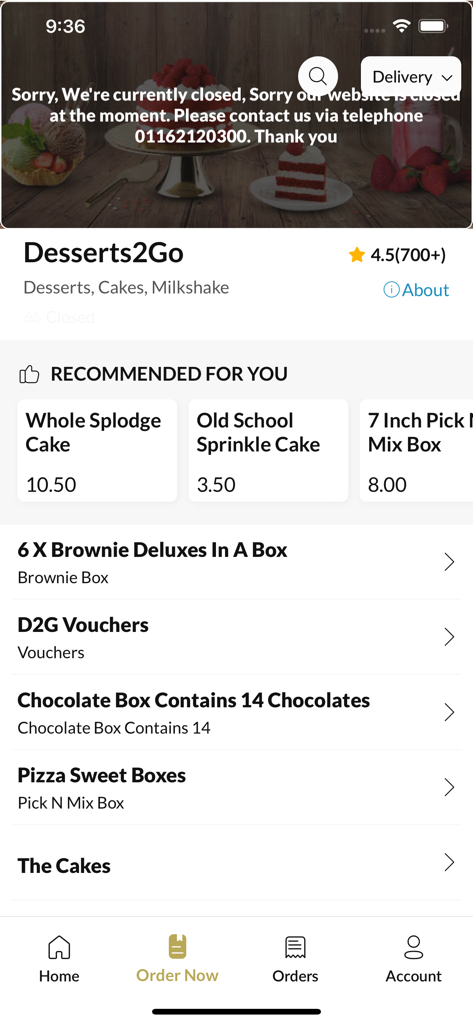 Desserts 2 Go Leicester. - Desserts 2 Go mobile app interface showing a menu of cakes, brownies, and sweet boxes for delivery.