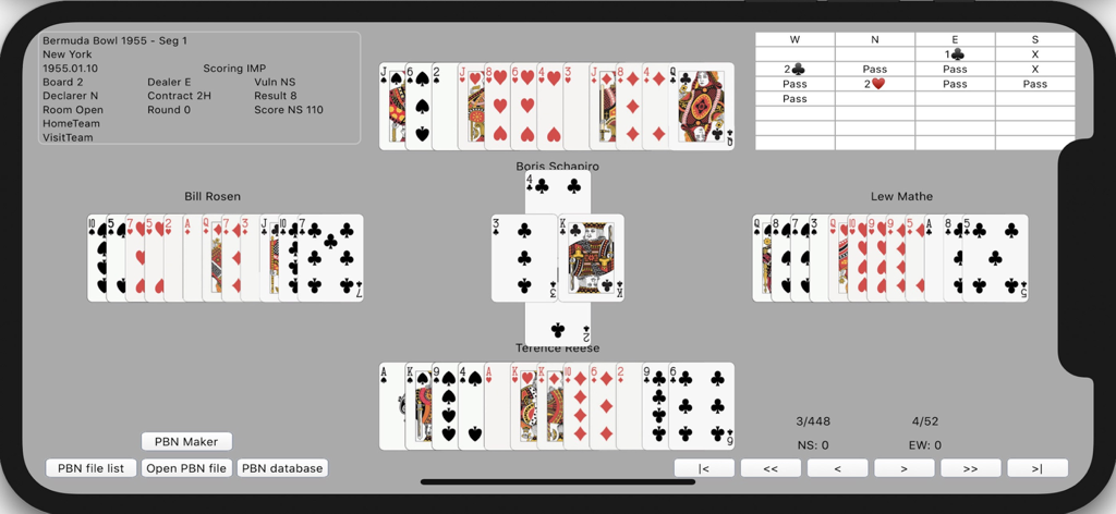 Bridge PBN Viewer & Maker - Bridge PBN Viewer interface showing a historical bridge game analysis from the Bermuda Bowl 1955