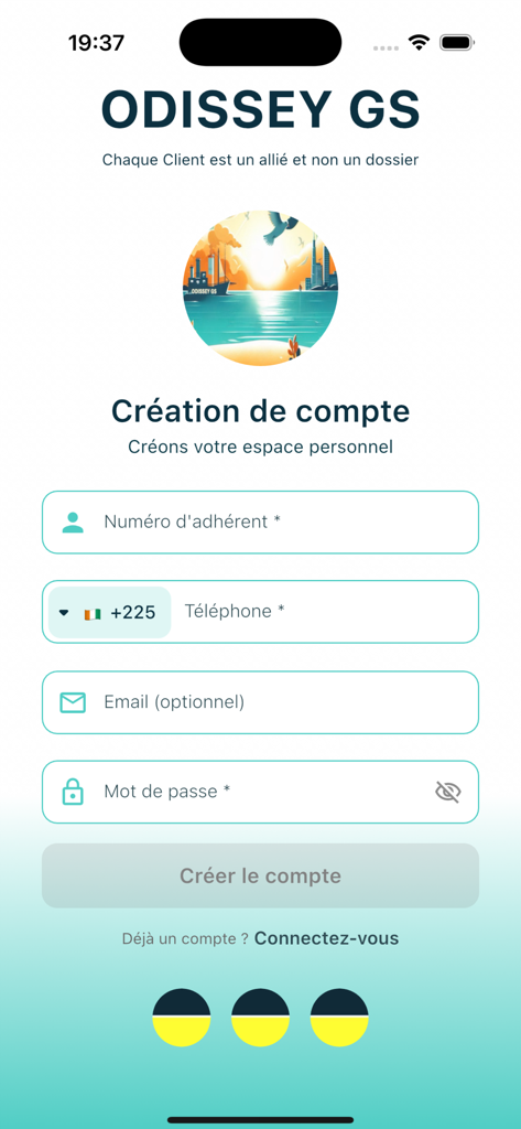 OGS Connect - Tela de registro do aplicativo de gestão de saúde OGS Connect com campos para ID do membro, número de telefone e e-mail.