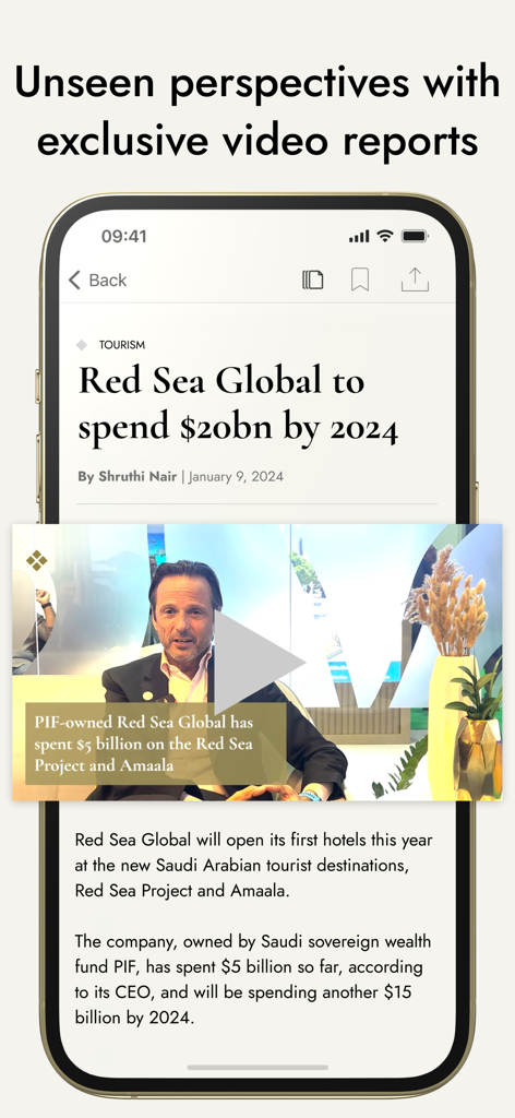 AGBI - The AGBI app showing an article about Red Sea Global with an embedded video report featuring a business expert.