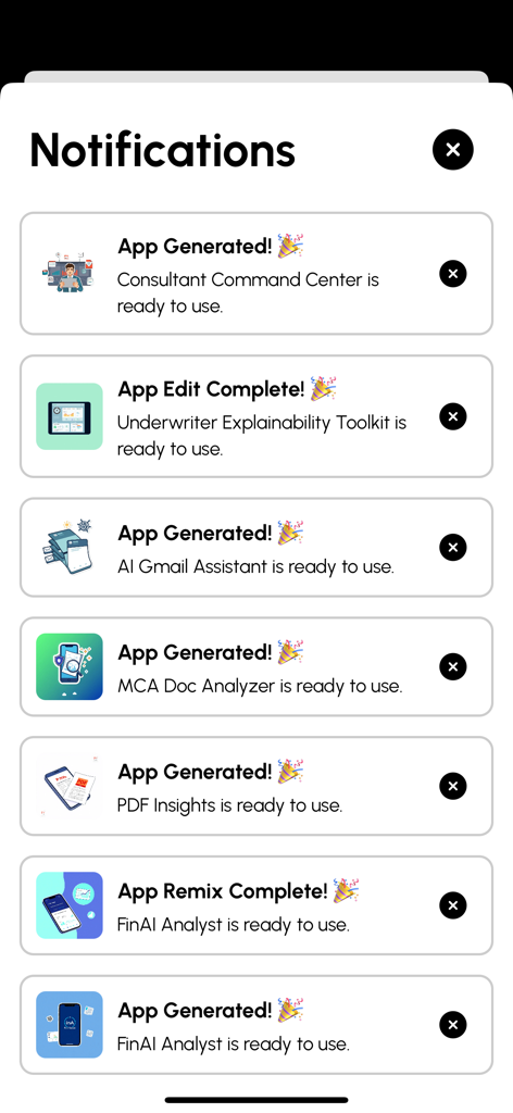 App Factory - AI App Maker - A list of app notifications showing successfully generated and edited AI applications such as AI Gmail Assistant and PDF Insights
