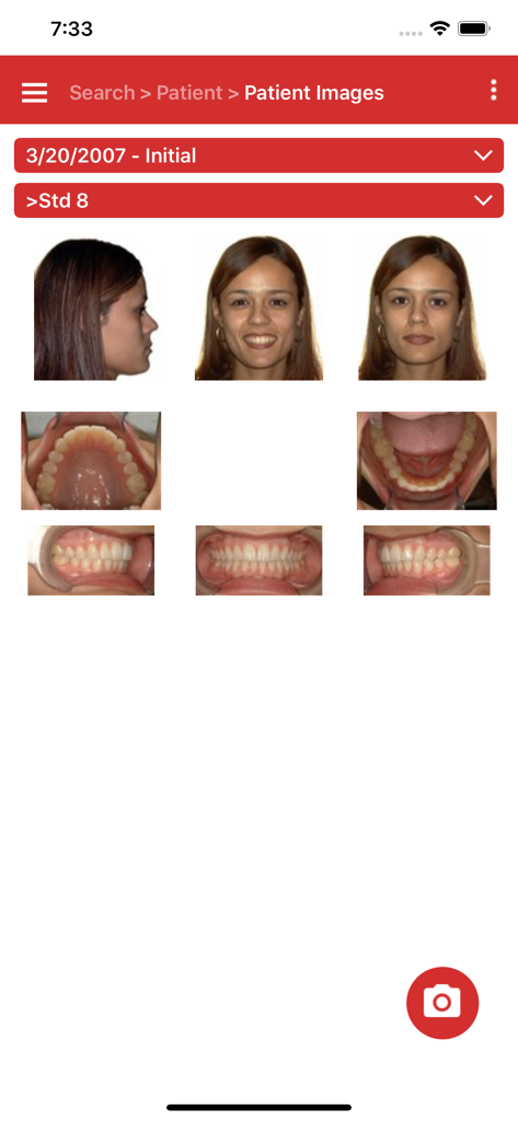 Orthodontic patient image gallery displaying facial portraits and dental intraoral photos in the Dolphin Mobile app