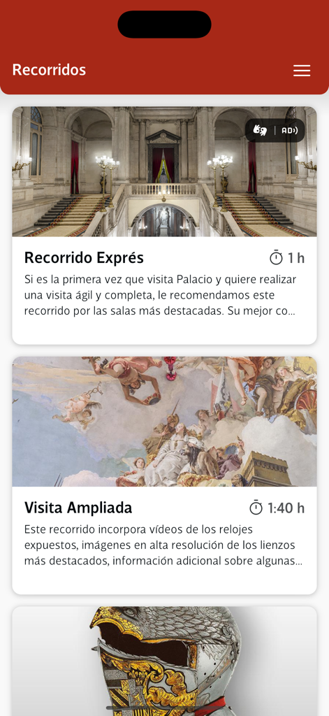 Palacio Real de Madrid - Écran officiel de l'application Palais Royal de Madrid affichant divers itinéraires de visite et durées de visite