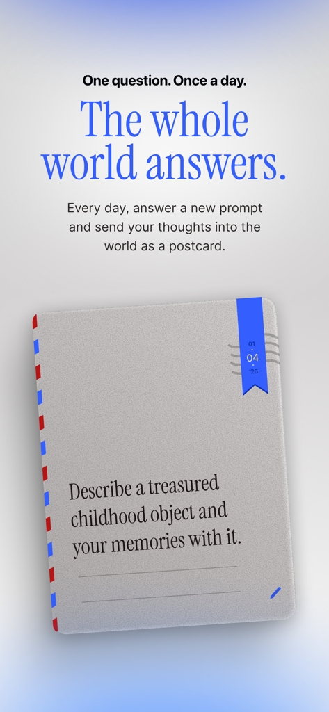 Lost Post: Daily World Stories - A digital postcard from the Lost Post app featuring a daily storytelling prompt about a treasured childhood object