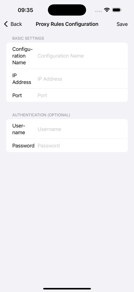 CyberSpy - Proxy rules configuration interface in the CyberSpy app showing fields for IP address port and authentication