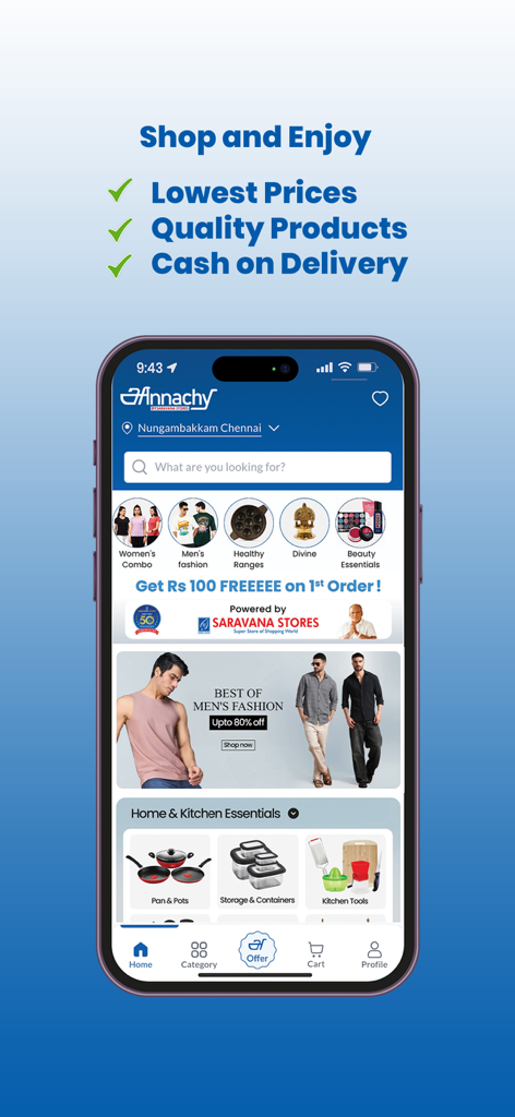 Annachy - Annachy mobile app interface showing shopping categories for fashion and home essentials with a first order discount offer