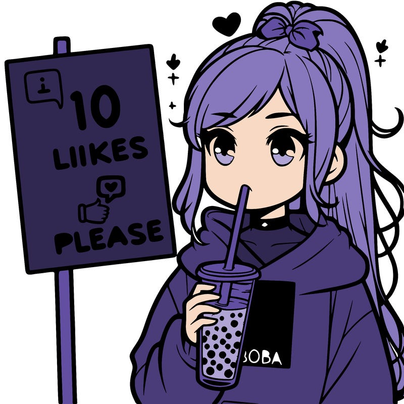 girl with a high ponytail and a hoodie drinking boba staring at a sign saying 10 likes please