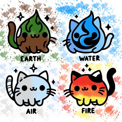 4 cats that represent the different elements, earth, water, air, and fire