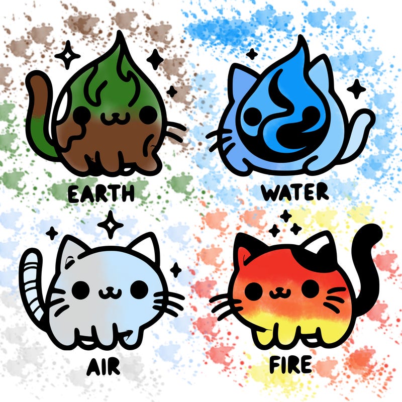 4 cats that represent the different elements, earth, water, air, and fire