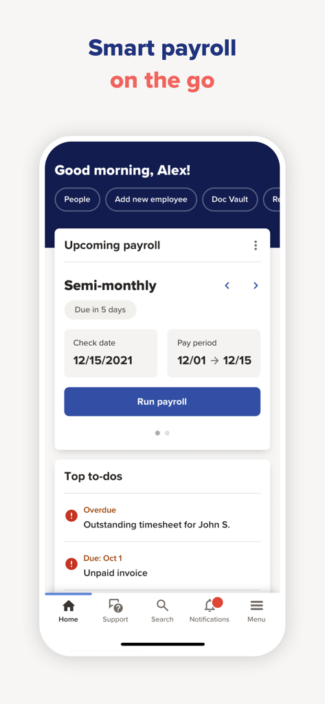 ADP RUN - ADP RUN mobile app interface showing upcoming semi-monthly payroll schedule and run payroll button.