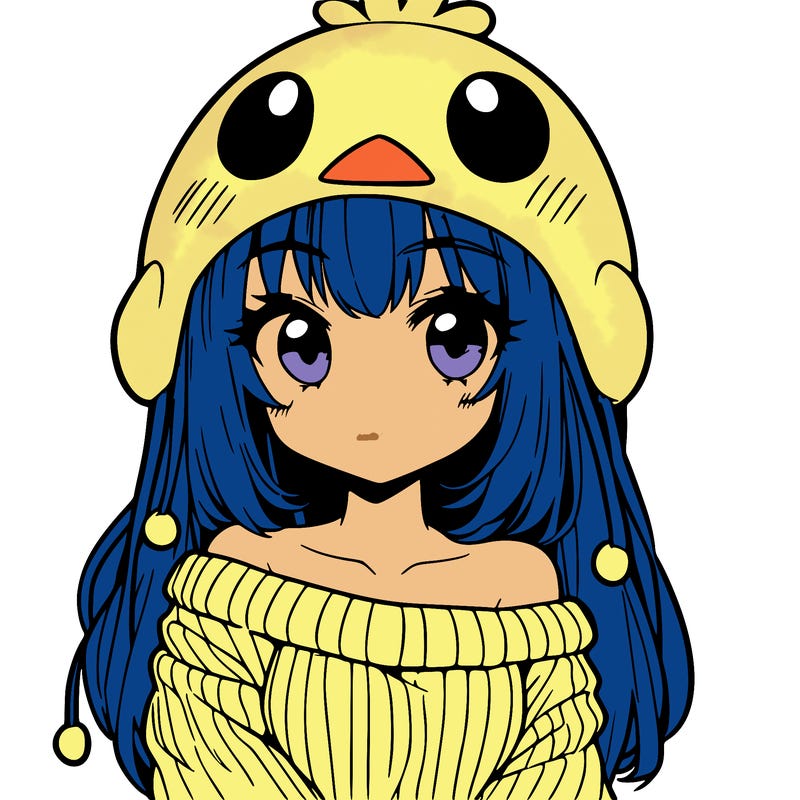 anime girl with chick shaped hat with sweater with bare shoulders with bangs covering them one eye with low tail